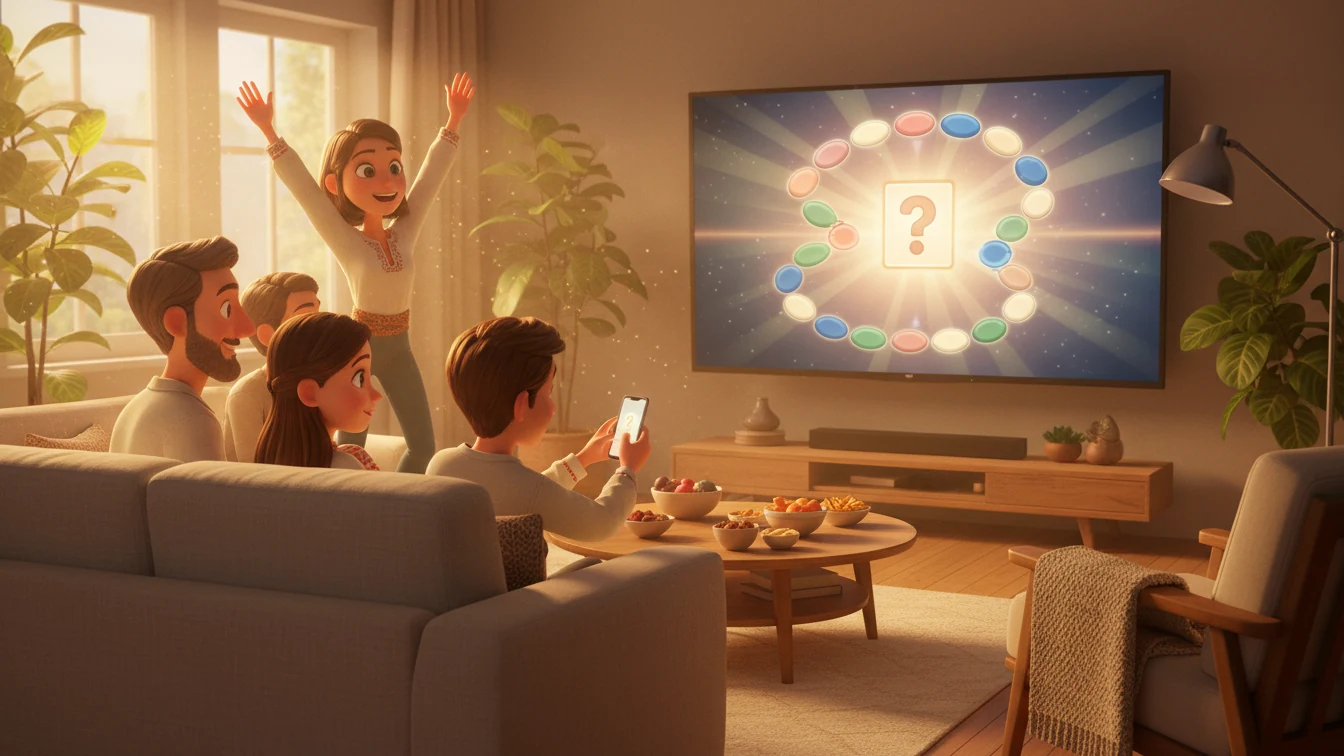 Eine Familie sitzt abends vor dem Fernseher, auf dem eine Quizfrage läuft, und spielt mit dem Handy mit